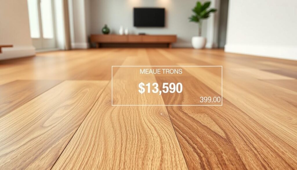 A well-lit, detailed illustration of the costs associated with installing Barlineck hardwood flooring in a residential setting. The foreground depicts a close-up view of the textured wooden planks, showcasing their intricate grains and warm, natural tones. The middle ground presents a measured section of the flooring, accompanied by pricing information overlaid in a clean, minimal style. The background subtly suggests the interior of a modern, minimalist living space, with neutral walls and soft, indirect lighting creating a calm, inviting atmosphere. The overall composition conveys a sense of professionalism and clarity, effectively communicating the essential details about the expenses involved in Barlineck flooring installation.