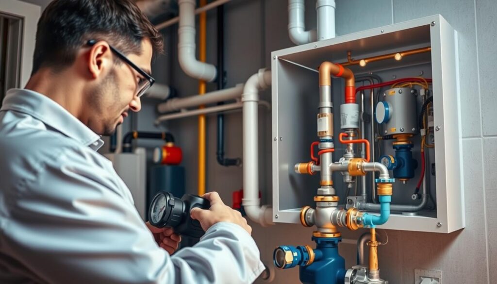 A well-lit, detailed interior scene of a modern gas installation, showcasing its safety features. In the foreground, a professional technician inspects the gas meter and valves, ensuring proper functionality. The middle ground features the gas pipes, neatly installed and color-coded for easy identification. In the background, a cutaway view reveals the inner workings of the system, with sensors and safety mechanisms visible. The scene conveys a sense of technical expertise, attention to detail, and a commitment to gas installation safety and efficiency. Soft, warm lighting illuminates the scene, creating a reassuring and professional atmosphere.