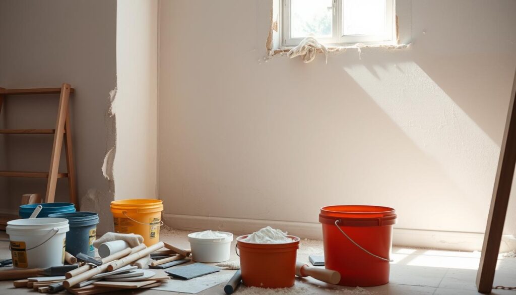 A well-lit, detailed interior scene showcasing the key factors influencing the cost of wall plastering. In the foreground, an assortment of plastering tools and materials, such as trowels, buckets, and spackle, are neatly arranged. The middle ground features a partially plastered wall, exposing the different stages of the process - from the base coat to the final smooth finish. In the background, a window provides natural lighting, casting soft shadows that accentuate the texture and depth of the wall. The overall atmosphere is one of a professional, organized worksite, conveying the importance of understanding the various cost-determining elements in wall plastering.