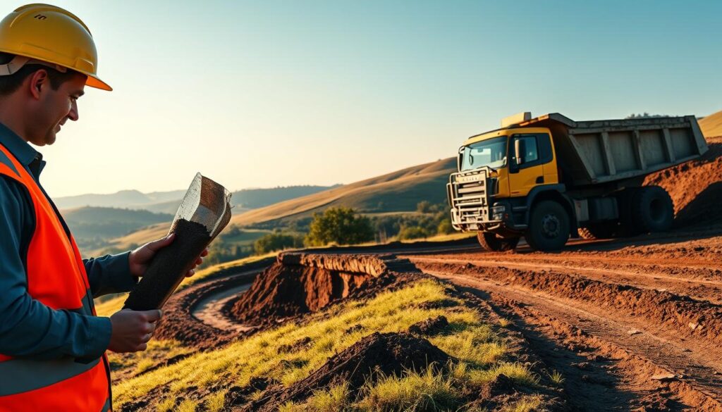 A well-lit, detailed landscape scene depicting tips to avoid surprises during soil transportation. In the foreground, a construction worker in a safety vest and hard hat examines soil samples. In the middle ground, a large dump truck carefully navigates a winding dirt road, navigating around potential obstacles. In the background, rolling hills, lush greenery, and a clear sky create a serene, tranquil atmosphere. The lighting is soft and natural, with warm tones highlighting the scene. The composition emphasizes the importance of careful planning and attention to detail when transporting soil, conveying a sense of professionalism and safety.