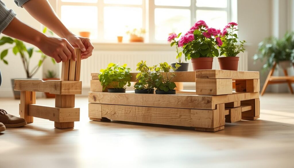 A well-lit, detailed scene of a DIY flower planter made from a repurposed wooden pallet. In the foreground, a person's hands carefully assemble the pallet, attaching planks to create compartments for plants. The middle ground showcases the partially constructed planter, its rustic, natural wood tones contrasting with the lush greenery of the potted flowers. In the background, a bright, airy room with large windows fills the space, casting warm, diffused lighting that enhances the organic, handcrafted feel of the project. The overall atmosphere conveys a sense of simple, homespun charm and the satisfaction of a DIY accomplishment.