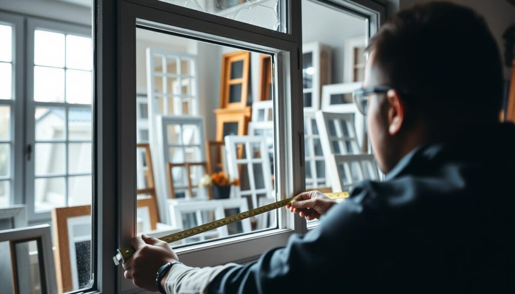 A well-lit, detailed scene showcasing the key factors influencing the cost of window installation post-replacement. In the foreground, a close-up of a worker carefully measuring a window frame, their tools and materials neatly arranged. In the middle ground, a partially installed window with intricate trim and finishing touches. The background depicts a range of window styles, sizes, and materials, representing the diversity of options that impact pricing. Ambient lighting casts soft shadows, creating depth and emphasizing the technical precision required. The overall mood is one of focused professionalism, highlighting the expertise and attention to detail that goes into delivering quality window installation services.