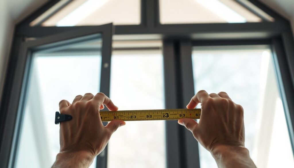 A well-lit, high-angle photograph of a person's hands using a tape measure to measure the dimensions of a large, open window frame. The window frame is made of sleek, modern materials, with clean lines and minimal decoration. The background is out of focus, but suggests a bright, airy interior space with natural light streaming in. The lighting is soft and even, creating subtle shadows that accentuate the textures and proportions of the window and the measuring process. The composition draws the viewer's eye to the precise, methodical act of measuring, conveying a sense of careful consideration and attention to detail.