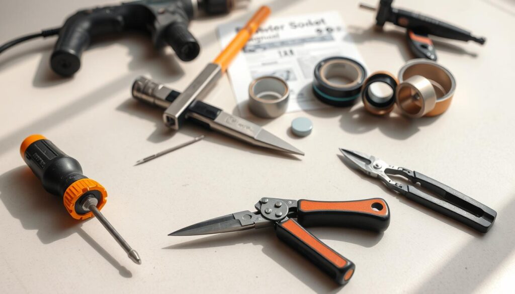 A well-lit, high-angle shot of a neatly arranged set of tools and materials for installing a power socket. In the foreground, a screwdriver, wire strippers, and a utility knife lie on a clean, neutral-colored surface. In the middle ground, a power drill, a hammer, and a pair of pliers are visible. In the background, a roll of electrical tape, wire nuts, and a cable gland sit alongside the installation manual. The scene is illuminated by natural daylight, creating soft shadows and a sense of order and professionalism. The overall atmosphere conveys the necessary preparation and attention to detail required for a successful power socket installation.