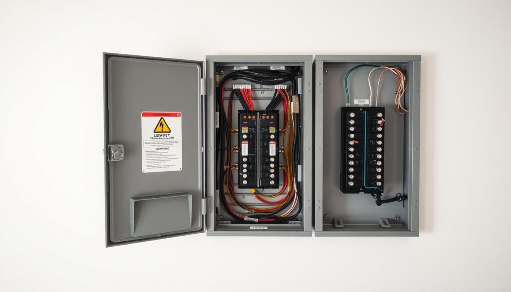 A well-lit, high-angle shot of a sturdy, metal electrical panel mounted on a clean, white wall. The panel has a secure door with a prominently displayed safety warning label. The circuitry and wiring inside are neatly organized, with color-coded components and clear labeling. The lighting is even, casting no harsh shadows, illuminating the panel's robust construction and attention to safety protocols. The overall scene conveys a sense of order, functionality, and the importance of proper electrical system maintenance and usage in a residential setting.