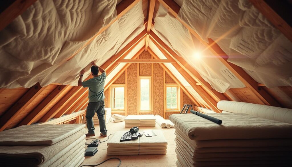 A well-lit, high-angle view of a cozy attic interior, showcasing the installation of Isobooster insulation. Sunlight streams through large windows, illuminating the exposed wooden beams and rafters. In the foreground, a skilled technician carefully applies the insulation, ensuring a seamless and efficient installation. The middle ground features neatly stacked insulation rolls and tools, while the background reveals the organized layout of the attic space, ready for completion. The scene conveys a sense of professionalism, attention to detail, and the practical benefits of the Isobooster system.