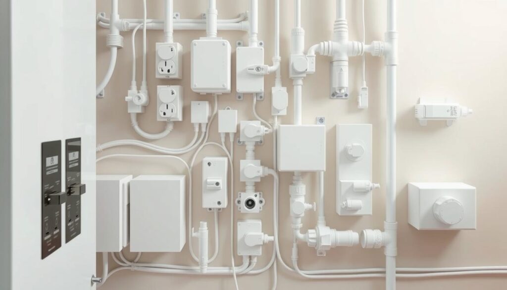 A well-lit, high-angle view of a meticulously arranged electrical installation, showcasing a variety of white electrical components and fittings. The foreground features a sleek, modern electrical panel with neatly labeled switches and breakers. In the middle ground, pristine white electrical outlets, junction boxes, and conduits are strategically positioned, creating a visually appealing and organized layout. The background subtly fades into a clean, neutral-toned wall, emphasizing the simplicity and elegance of the white electrical assembly. The overall scene conveys a sense of order, efficiency, and attention to detail, reflecting the essence of a white electrical installation.