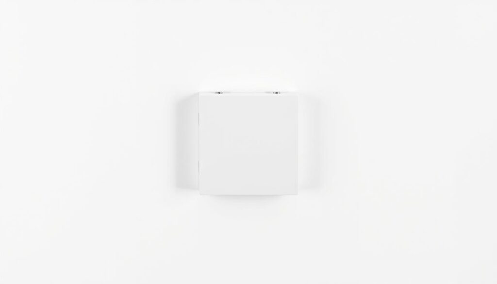 A well-lit, high-angle view of a modern electrical box mounted flush against a clean, white wall. The box is centered, with a slight shadow underneath, indicating even, directional lighting. The surrounding wall space is uncluttered, with a subtle, minimalist texture. The box itself has a sleek, minimalist design, with no visible screws or hardware, creating a harmonious, integrated appearance. The overall scene conveys a sense of order, precision, and adherence to installation guidelines for electrical enclosures in a residential setting.