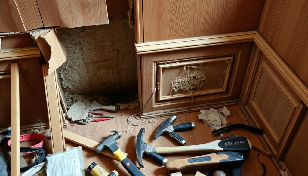 A well-lit, high-angle view of a partially dismantled wooden paneling (boazeria) system, showcasing the key elements involved in its removal. The foreground features various tools and implements commonly used in the process, such as a pry bar, hammer, and utility knife. The middle ground reveals the layers of the paneling, with some sections still intact and others pulled away, exposing the underlying wall structure. The background provides a sense of the workspace, perhaps with a few scattered debris or remnants of the removal process. The overall mood is one of methodical deconstruction, highlighting the key factors that shape the cost of dismantling boazeria.