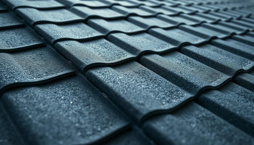 A well-lit, high-quality photograph of a modern, technologically-advanced roofing system made with thermally-bonded bituminous roofing felt (papa termozgrzewalna). The image shows the intricate layering and textures of the roofing material, highlighting its durability and insulation properties. The camera captures the product from an angle that showcases its sleek, professional appearance, suitable for use in a residential or commercial building. The overall mood is one of precision engineering and functional sophistication, reflecting the advanced nature of this roofing technology.