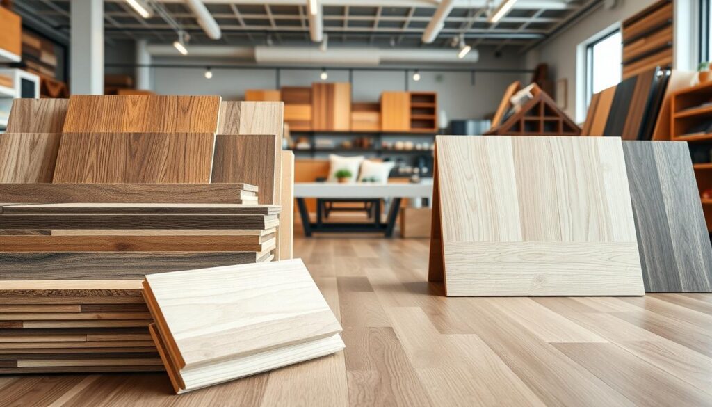 A well-lit, high-resolution interior scene showcasing various types of wood flooring panels. In the foreground, a variety of panel samples are displayed, including laminate, engineered, and solid wood options, each with distinct textures, grains, and colors. The middle ground features a room setting with the panels installed, highlighting their visual impact and how they complement the surrounding decor. The background subtly depicts a home improvement store or showroom, creating a sense of context for the flooring choices. The lighting is natural and diffused, emphasizing the materiality and craftsmanship of the panels. The overall composition conveys a sense of thoughtful consideration for the cost and aesthetic considerations when selecting the appropriate flooring for a space.