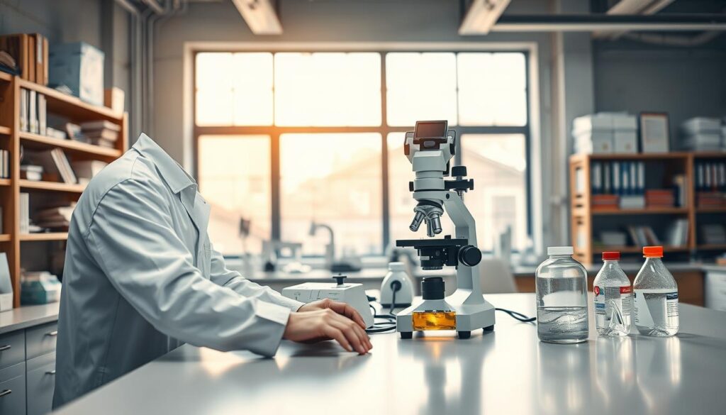 A well-lit industrial laboratory setting, with a technician in a white lab coat and safety goggles carefully examining a sample of heating oil under a high-powered microscope. The countertop is clean and organized, with various testing equipment and instruments arranged neatly. The background features shelves of reference materials and technical manuals, conveying a sense of expertise and attention to detail. Warm, natural lighting filters in through large windows, creating a professional and authoritative atmosphere. The overall scene emphasizes the importance of quality control and the care taken in ensuring the integrity of the heating oil product.