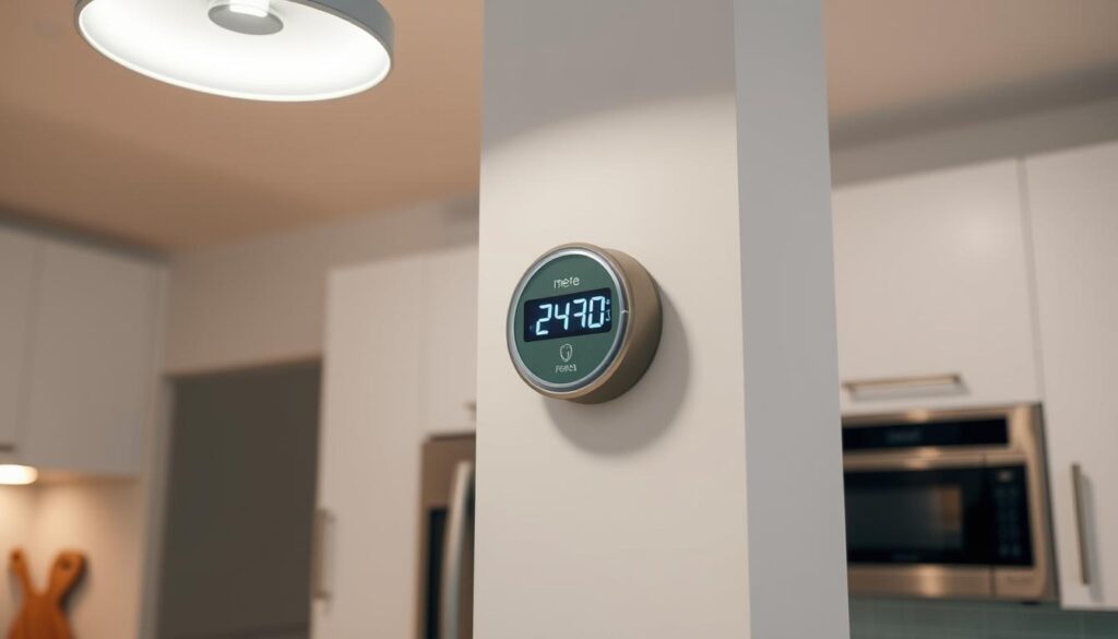 A well-lit interior scene of a residential kitchen, the focus on a gas meter mounted on the wall. The meter displays a clear digital readout of the current gas consumption, positioned at eye level for easy viewing. The surrounding cabinetry and appliances are in a modern, minimalist style, providing a clean, uncluttered backdrop. Soft, diffused lighting from overhead fixtures casts a warm glow, highlighting the precision of the meter's display. The composition is balanced, with the meter positioned centrally within the frame, allowing ample negative space to emphasize its importance. An atmosphere of domestic simplicity and functionality pervades the scene, inviting the viewer to imagine themselves easily recording their own gas usage.