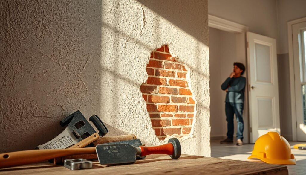 A well-lit interior space, with a focus on a textured, crumbling plaster wall. The foreground features an array of tools - a chisel, hammer, and protective gear - hinting at the impending task of removing the old tiling. The middle ground showcases a partially exposed brick surface, the result of previous skimming work. The background reveals a contemplative homeowner, considering the pros and cons of this home renovation project. The overall mood is one of anticipation, as the decision to undertake this labor-intensive process is weighed against the potential benefits. Warm, natural lighting casts subtle shadows, emphasizing the tactile nature of the materials.