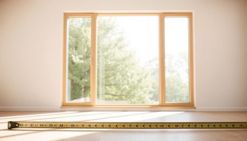 A well-lit interior with a large window taking up a significant portion of the frame. The window frame is made of light-colored wood, with clean lines and a modern aesthetic. The window glass is clear, allowing natural light to flood the room. In the foreground, a tape measure is visible, providing a visual reference for the standard window dimensions. The background is a neutral, minimalist space, allowing the focus to remain on the window and its proportions. The lighting is soft and diffused, creating a warm, inviting atmosphere. The overall composition emphasizes the importance of understanding standard window sizes for effective home design and renovation.