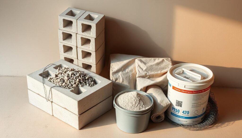 A well-lit overhead view of an assortment of construction materials for a home's concrete foundation, including a stack of reinforced concrete blocks, a pile of gravel, a roll of wire mesh, and a container of cement mix. The scene is set against a clean, neutral background, with soft shadows and warm lighting to emphasize the textures and details of the materials. The composition showcases the key components needed for a sturdy, high-quality foundation, reflecting the importance of proper material selection for a building's structural integrity.