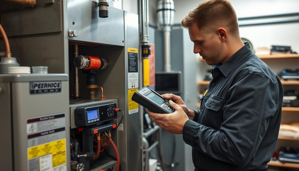 A well-lit, professionally photographed scene of a residential gas appliance service technician performing a comprehensive safety inspection and maintenance check on a residential gas furnace or water heater. The technician is shown using a variety of diagnostic tools and equipment to thoroughly inspect the unit, checking for proper gas flow, combustion efficiency, and signs of wear or damage. The background features a clean, organized workshop space with shelves of spare parts and tools. The overall mood is one of diligence, attention to detail, and the importance of regular, professional maintenance of residential gas appliances for safety and reliability.