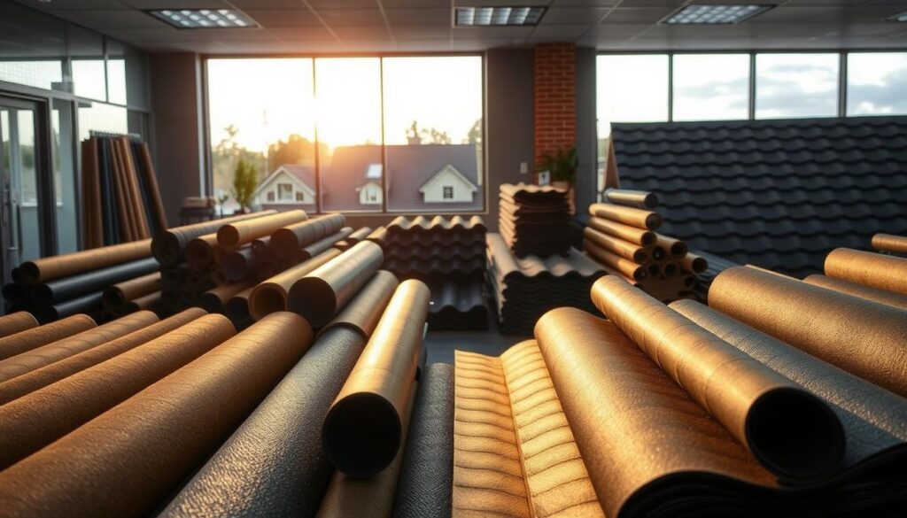 A well-lit showroom interior, displaying an assortment of roofing membranes. In the foreground, a selection of rolled bitumen sheets, their textures and colors meticulously captured. Midground showcases various bitumen sheet profiles, highlighting their design and installation properties. In the background, a large window frames a scenic view of a residential rooftop, providing context for the application of these materials. Warm, inviting lighting accentuates the practical and aesthetic qualities of the roofing products, conveying expertise and care in their presentation.