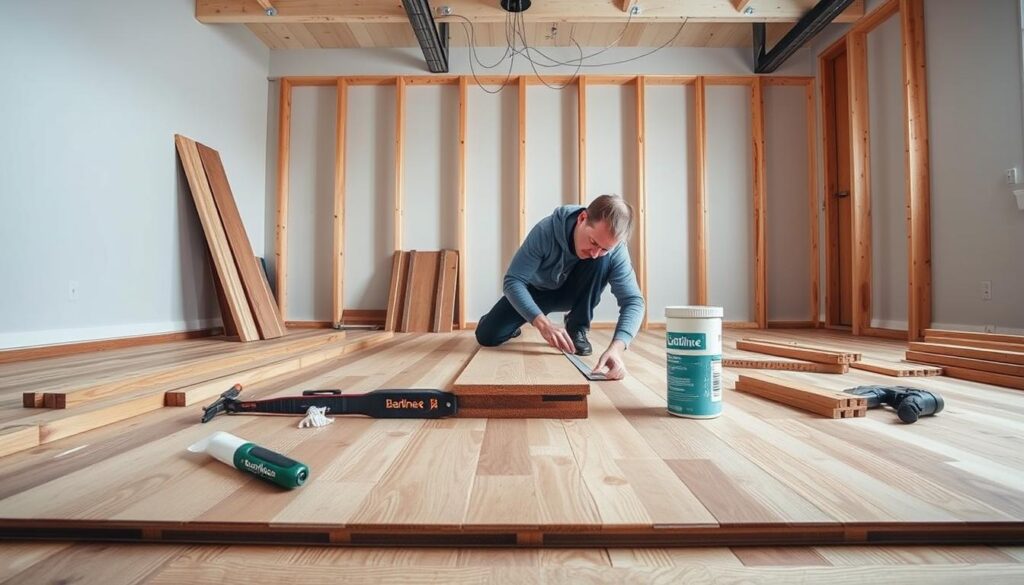 A well-lit, wide-angle view of a construction site showcasing the installation process of Barlinek hardwood flooring. The frame captures the various factors influencing the pricing, including the skilled worker carefully measuring and cutting the boards, the adhesive being applied to the subfloor, and the tools and materials necessary for the job. The scene exudes a sense of precision and attention to detail, reflecting the expertise required for a high-quality Barlinek flooring installation. The background features a clean, minimalist environment to highlight the craftsmanship of the work.