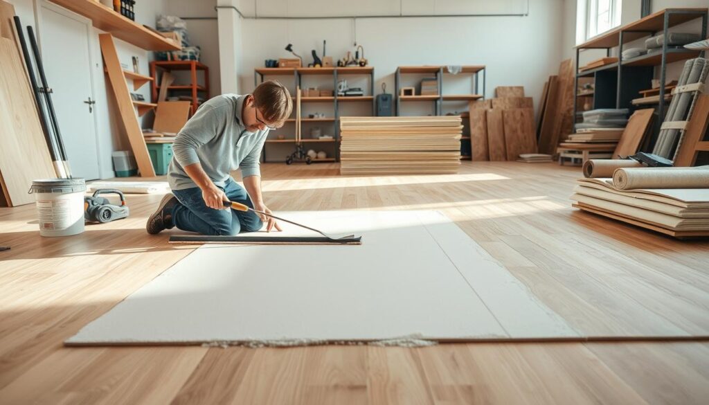 A well-lit workshop interior, with a hardwood floor and a worker preparing the surface for panel installation. In the foreground, a person kneels, smoothing a layer of leveling compound over the floor using a long-handled trowel. Nearby, various tools and supplies are neatly organized, including a power sander, a bucket of joint compound, and rolls of underlayment. The middle ground features a stack of new panels, ready to be laid. The background showcases a clean, organized workspace with shelves and storage units, creating a sense of professionalism and attention to detail. The lighting is soft and natural, casting gentle shadows and highlighting the textures of the materials. An atmosphere of careful preparation and expertise permeates the scene.