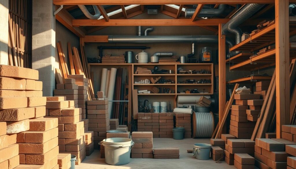A well-lit workshop interior with an array of construction materials for building a smokehouse. In the foreground, stacks of reddish-brown bricks, mortar tubs, and mason's tools. In the middle ground, sturdy wooden beams, steel bolts, and rolls of insulation material. The background features shelves loaded with assorted hardware, piping, and ventilation components. Warm, natural lighting casts shadows that add depth and texture to the scene. The overall mood is one of organized preparation, as if awaiting the start of a meticulous building project.