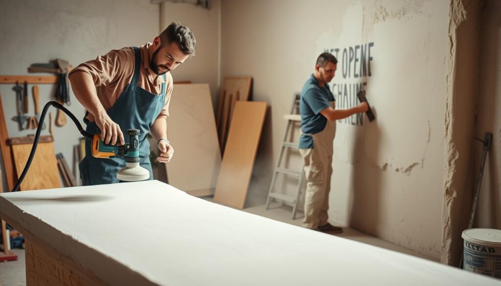 A well-lit workshop scene, contrasting two distinct wall plastering methods. In the foreground, a skilled worker effortlessly glides a power tool over a smooth, freshly applied machine-sprayed plaster, creating an even, flawless surface. In the middle ground, another worker meticulously applies plaster by hand, their movements fluid as they spread the material across the wall with a trowel. The background showcases various plastering tools and equipment, hinting at the technical expertise required for each approach. The lighting casts warm, natural tones, emphasizing the textures and the focus on craftsmanship. The overall atmosphere conveys the professional, detail-oriented nature of these two plastering methods.