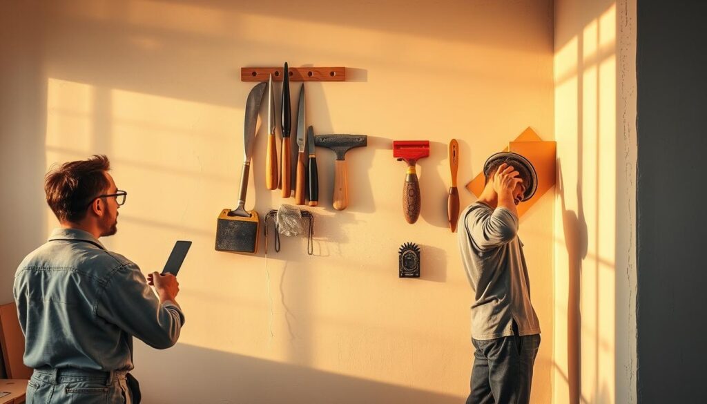 A well-lit workshop scene showcasing various wall preparation and smoothing methods. In the foreground, a worker applies joint compound with a putty knife, smoothing the surface with care. In the middle ground, another worker sands a primed wall, the vibrant dust particles visible in the air. In the background, a variety of specialized tools hang neatly on the wall - taping knives, sanding blocks, and other supplies. Warm, natural lighting casts long shadows, highlighting the textures and techniques used to achieve a flawless, professional finish. The scene conveys the attention to detail and expertise required for exceptional wall preparation.