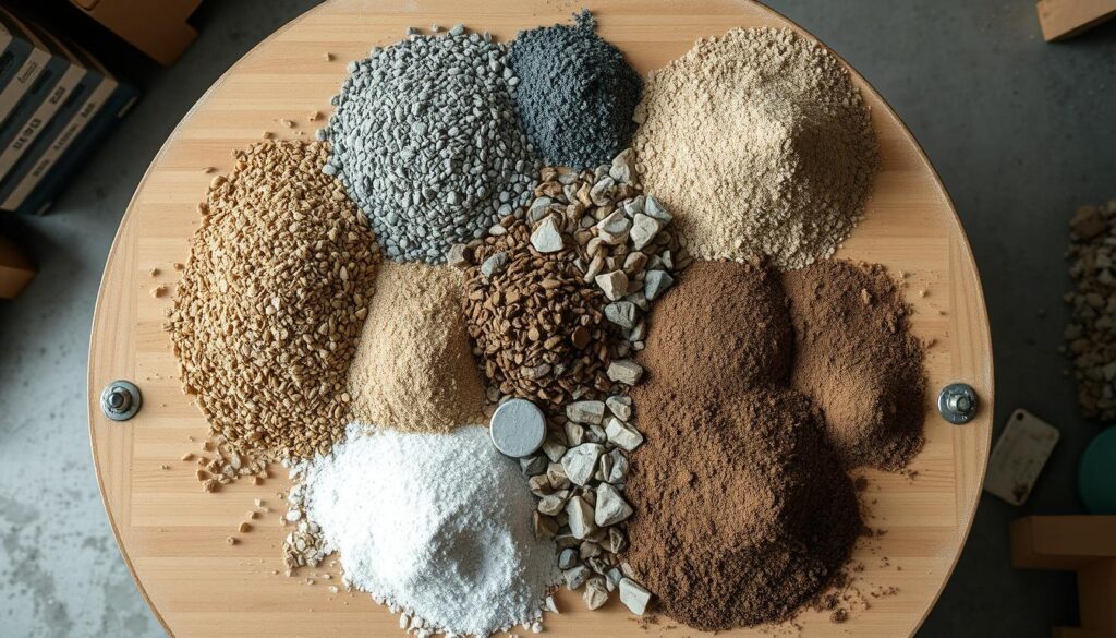 An overhead view of an assortment of construction materials and aggregates - gravel, crushed stone, sand, and soil - arranged on a workbench in a well-lit, clean workshop. The materials are carefully displayed to showcase their textures, colors, and sizes, inviting the viewer to examine and consider their suitability for a paved driveway or pathway project. The lighting is soft and diffused, emphasizing the natural beauty and tactile qualities of the materials. The background is uncluttered, allowing the viewer to focus on the variety of options available for creating a sturdy, attractive hardscape.