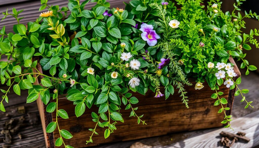 Arrangement of lush, vibrant plants in a rustic wooden planter. A variety of foliage textures and colors, including leafy greens, trailing vines, and delicate flowers, creating a harmonious and visually appealing display. The planter is positioned on a wooden surface, with soft, diffused natural lighting illuminating the scene. The overall composition evokes a sense of tranquility and natural beauty, perfect for accentuating the "Wskazówki dotyczące aranżacji roślin" section of the article.