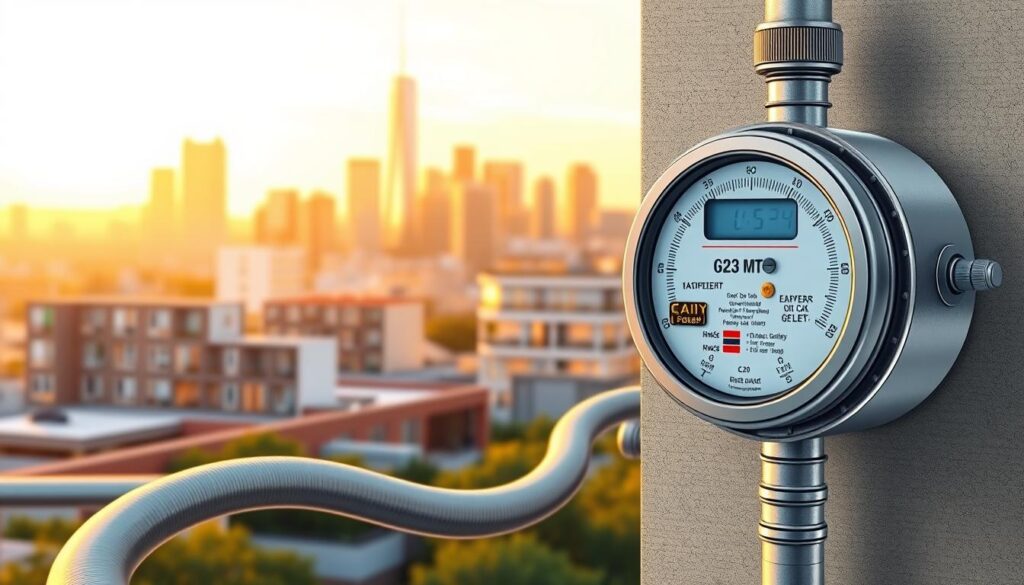 Detailed architectural illustration of a residential gas meter, gas pipes, and related infrastructure against a backdrop of a modern urban cityscape. The gas meter is the central focus, depicted with precision and technical accuracy, showcasing the various components and connections. The pipes extend from the meter, winding through the foreground and middle ground, leading the eye towards the distant city skyline bathed in warm, golden lighting. The scene conveys a sense of function and utility, with a clean, technical aesthetic that aligns with the subject matter of gas connection costs and procedures.