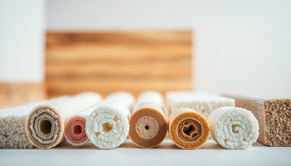Detailed comparison of thermal insulation materials, showcasing their unique properties and performance. A crisp, well-lit studio setup featuring various insulation samples arranged in the foreground, with a blurred background providing a clean, minimalist aesthetic. The samples are positioned to highlight their distinct textures, colors, and cross-sections, allowing for a comprehensive visual analysis. Precise lighting accentuates the nuances of each material, creating a sense of depth and emphasizing their comparative qualities. The composition is balanced and visually appealing, guiding the viewer's attention to the key aspects of the insulation comparison.