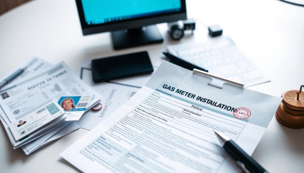 Detailed documentation of a gas meter installation application form. A crisp, high-resolution image on a clean white background. Prominent in the foreground, the application form with clearly legible text and official seals or stamps. Alongside it, an assortment of relevant documents such as ID cards, utility bills, and technical diagrams. In the middle ground, a professional-looking desk or office setting with a computer, pen, and other office supplies. Subtle lighting creates depth and highlights the textural details. The overall mood is one of formal bureaucratic procedure, conveying the official and procedural nature of the gas meter installation process.