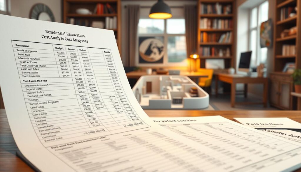 Detailed overview of a residential renovation cost analysis for a 35 square meter apartment. Foreground features a neatly organized spreadsheet or document with line items for different renovation tasks, materials, and associated costs. Middle ground shows a 3D model or floor plan of the apartment layout. Background depicts a home office or study setting with bookshelves, desk, and other furnishings. Warm, focused lighting illuminates the analytical documents, creating a serious, professional atmosphere. Render in a clean, minimalist style with muted, earthy tones to convey the practical, informative nature of the content.