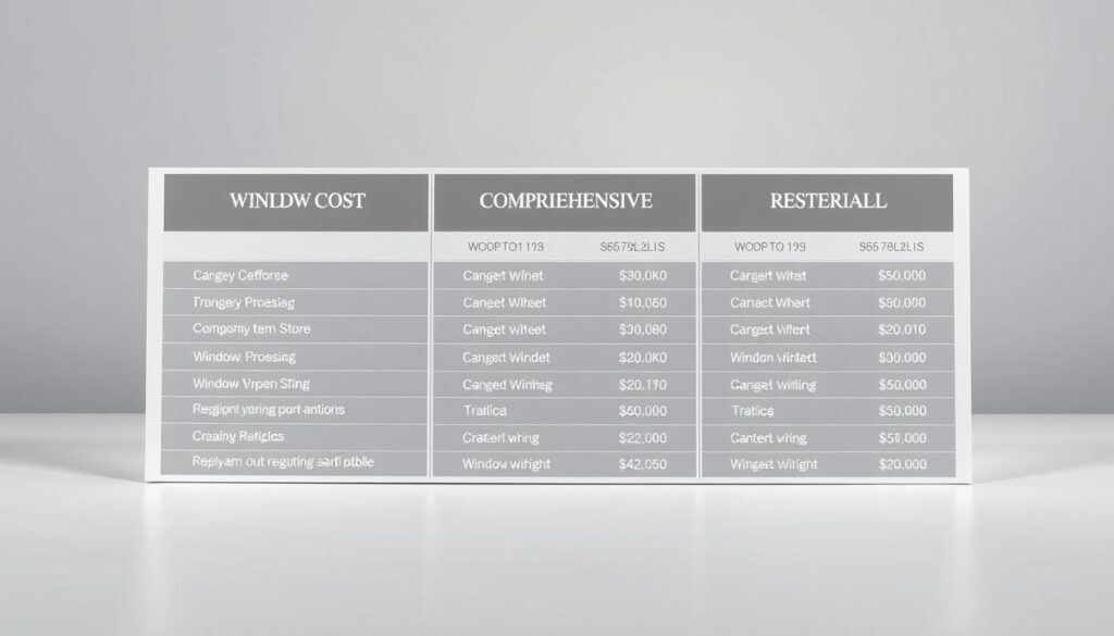 Detailed pricing list for window treatment: a clean, minimalist table showcasing the comprehensive costs of various window processing services. Elegant black-and-white aesthetic, with crisp typography highlighting the scope of work and associated fees. Soft, directional lighting illuminates the table's surface, creating depth and emphasizing the precision of the information displayed. The background is a simple, uncluttered studio setting, allowing the pricing details to take center stage. An air of professionalism and attention to detail pervades the scene, conveying the expertise required for high-quality window treatment.