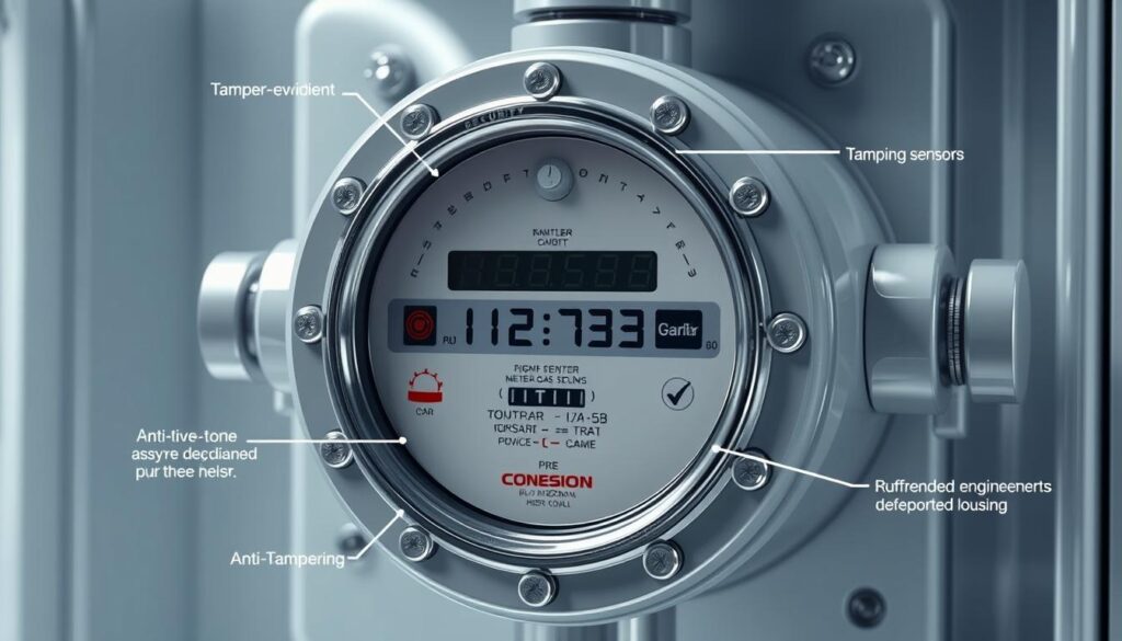 High-detail, hyper-realistic image of modern natural gas meter security features, with a focus on the internal components and protective mechanisms. The meter is shown in a well-lit, clean, and technologically-advanced environment, showcasing the sleek, minimalist design and precision engineering. The viewer can clearly see the tamper-evident seals, anti-tampering sensors, and reinforced housing that prevent unauthorized access or manipulation. The image conveys a sense of reliability, safety, and technological sophistication surrounding the gas meter's security systems.