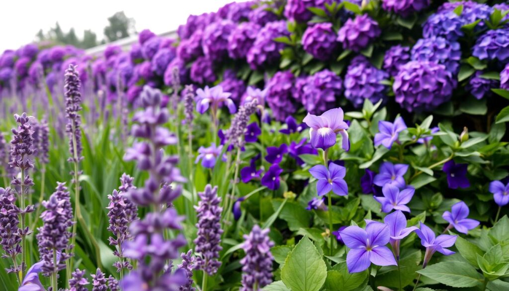 Lush, vibrant purple flora thriving in a serene garden setting. In the foreground, delicate lavender blooms sway gently in soft, diffused lighting. The middle ground features a mix of deep violet irises and plump, velvety violets nestled among verdant foliage. In the background, a row of stately, amethyst-hued hydrangea bushes form a captivating backdrop. The overall scene conveys a sense of tranquility and natural harmony, inviting the viewer to appreciate the beauty and care required for cultivating these stunning purple plants.