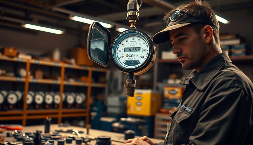 Procedural gas meter exchange. A well-lit workshop scene, with a technician in uniform examining an open gas meter. The meter is suspended at eye level, with various tools and spare parts visible on a workbench in the middle ground. In the background, shelves of additional meters and supplies. The lighting is warm and focused, creating depth and highlighting the details of the exchange process. The overall mood is one of professional expertise and attention to detail, conveying the care and precision required for this important task.