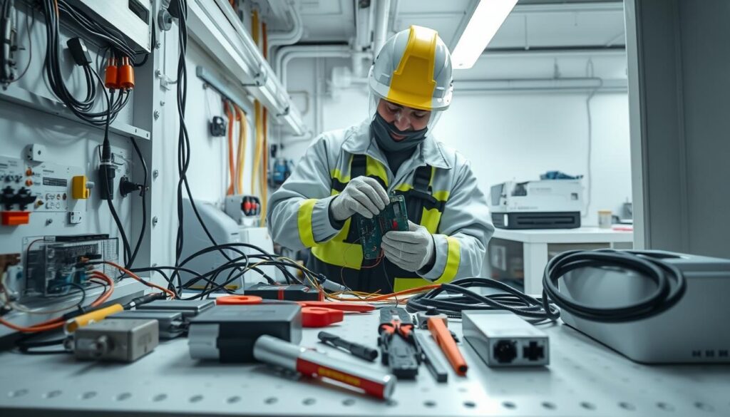 Prompt A well-lit, high-angle view of a professional white electrical installation setup. The foreground shows carefully arranged electrical components and tools, emphasizing precision and safety. The middle ground features a technician in a protective uniform methodically wiring a circuit board. The background showcases a clean, organized workspace with additional equipment and supplies. The scene conveys a sense of meticulous attention to detail, technical expertise, and a commitment to workplace safety standards.