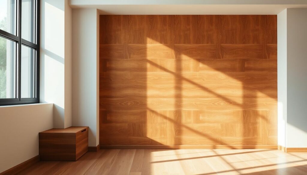 Sleek, modern floor panels adorning a minimalist wall, casting warm, natural light in a cozy, inviting space. Horizontal wood grain texture in rich, earthy tones blending seamlessly with the surroundings. Subtle shadows and highlights accentuating the depth and dimensionality of the panels. A striking yet sophisticated alternative to traditional wall paneling, elevating the space with an innovative, on-trend aesthetic. Photographed at a low angle to capture the full scale and impact of the installation, showcasing its versatility and visual appeal.