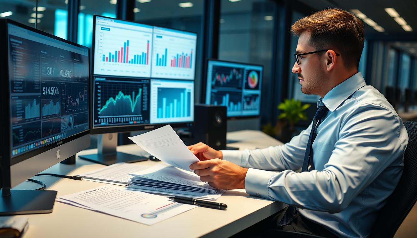 Audytor analizujący dokumenty finansowe podczas pracy - jak zostać audytorem