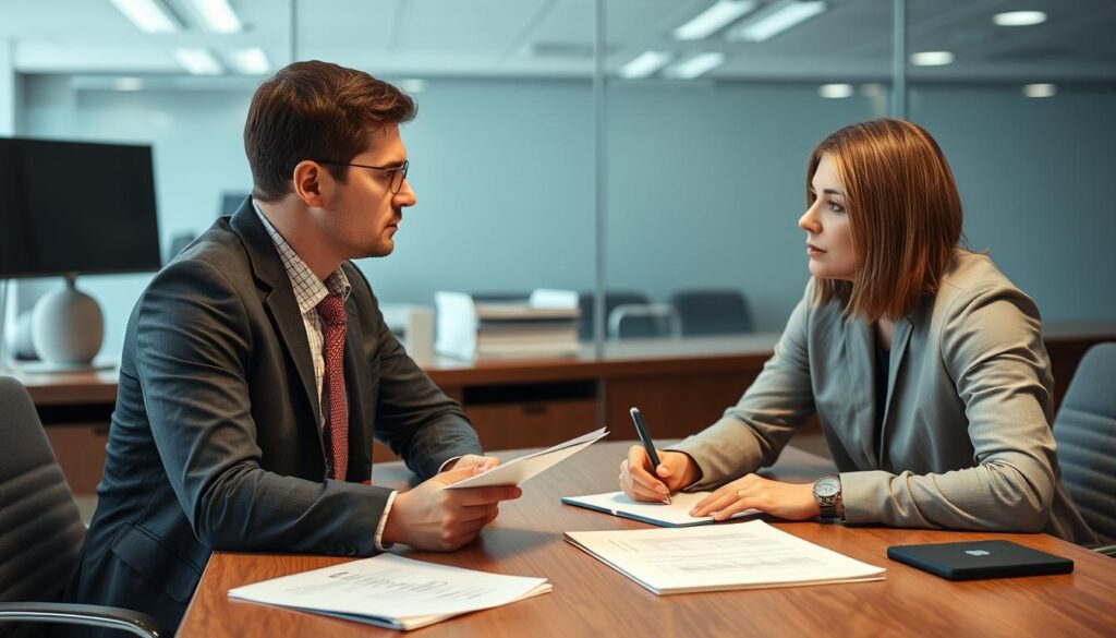 Audytor prowadzący wywiad z pracownikiem podczas audytu - jak zostać audytorem Audytor prowadzący wywiad z pracownikiem podczas audytu - jak zostać audytorem