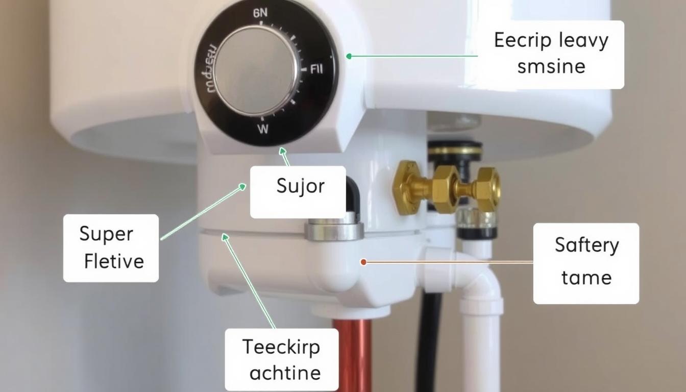 Bojler elektryczny z oznaczonymi elementami do spuszczania wody