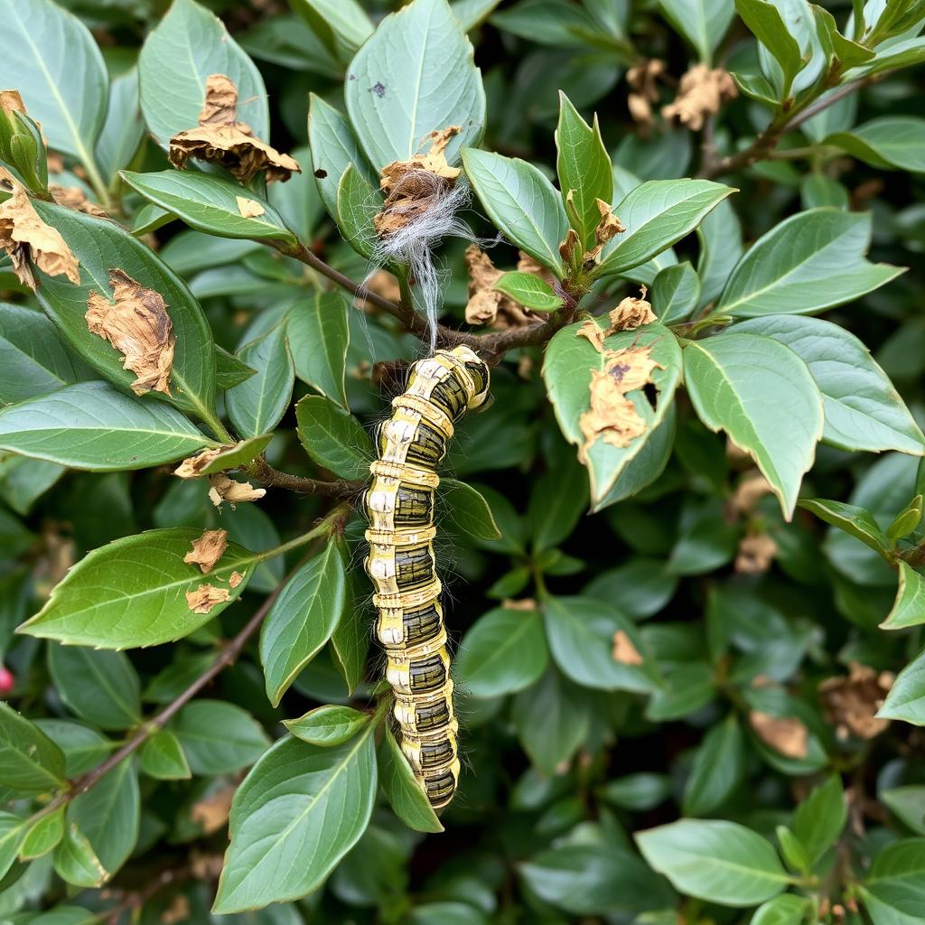 Bukszpan zaatakowany przez ćmę bukszpanową z widocznymi uszkodzeniami liści i pajęczyną Bukszpan zaatakowany przez ćmę bukszpanową z widocznymi uszkodzeniami liści i pajęczyną