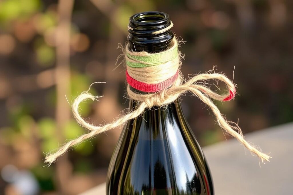 Butelka wina ozdobiona kolorową wstążką i sznurkiem jutowym w stylu rustykalnym