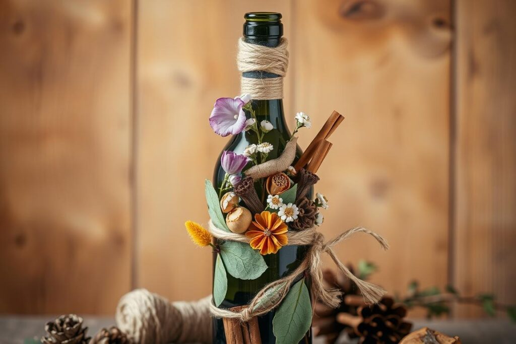 Butelka wina ozdobiona naturalnymi materiałami - suszonymi kwiatami i liśćmi