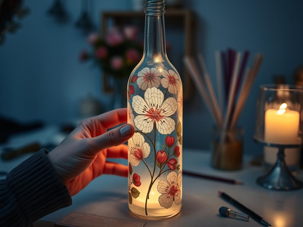 Butelka wina ozdobiona techniką decoupage z motywem kwiatowym