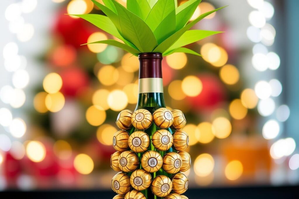 Butelka wina ozdobiona techniką owijania słodyczami w kształcie ananasa