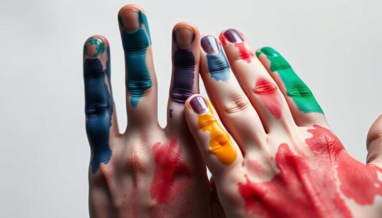 Dłonie poplamione barwnikiem spożywczym w różnych kolorach