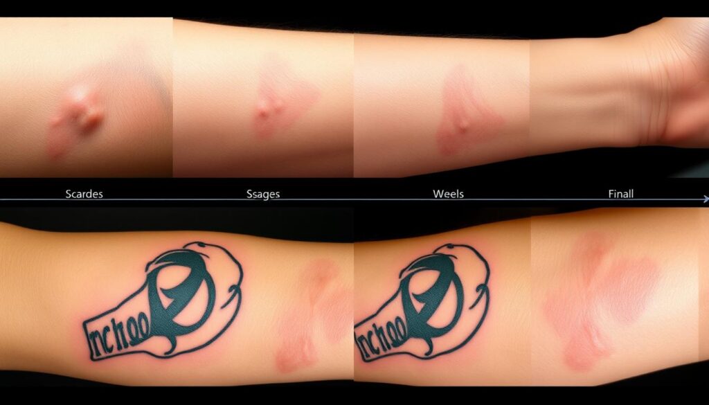 Etapy gojenia tatuażu pokazujące dlaczego tusz wychodzi z tatuażu podczas procesu gojenia Etapy gojenia tatuażu pokazujące dlaczego tusz wychodzi z tatuażu podczas procesu gojenia