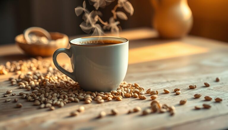 Filiżanka parującej kawy zbożowej na drewnianym stole z ziarnami zbóż rozrzuconymi wokół
